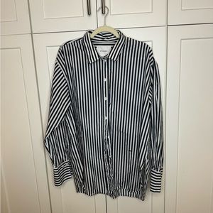 Frame, navy and white striped button down blouse